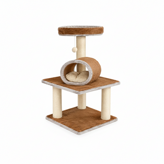 2-Tier Cat Tree Tower with Oval Tunnel Condo, Top Lookout Bed, and Scratching Posts