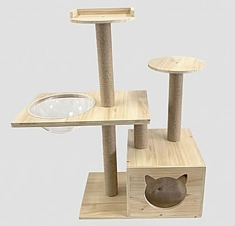 Modern Solid Wood Multi-Level Cat Tree Tower with Clear Capsule & Cat-Head Condo