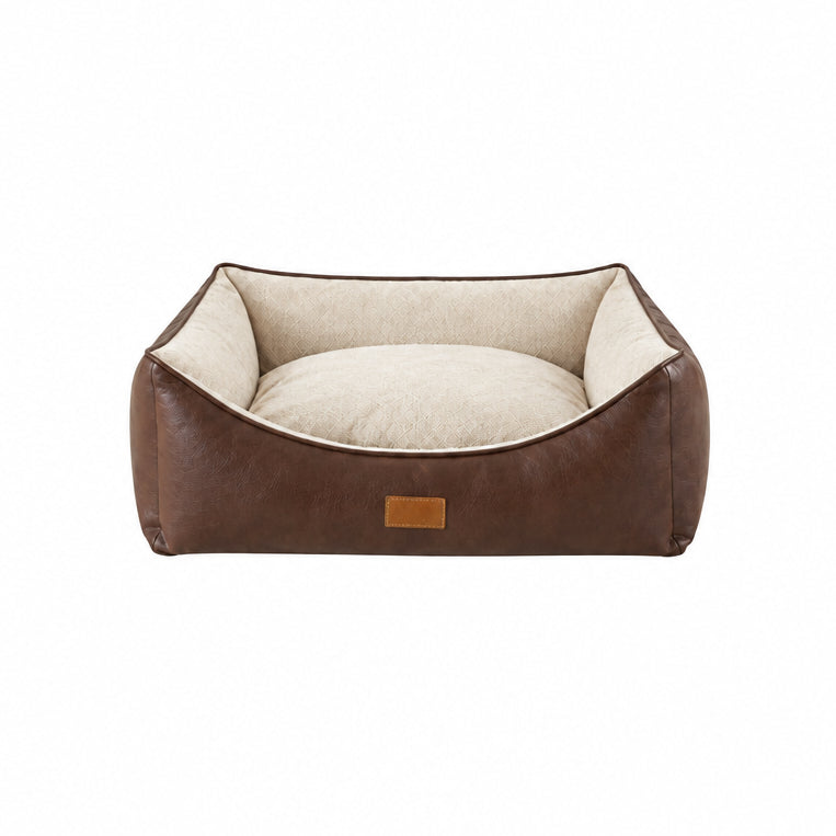 Koala Luxury Square Leatherette & Striped Plush Pet Bed | BROWN