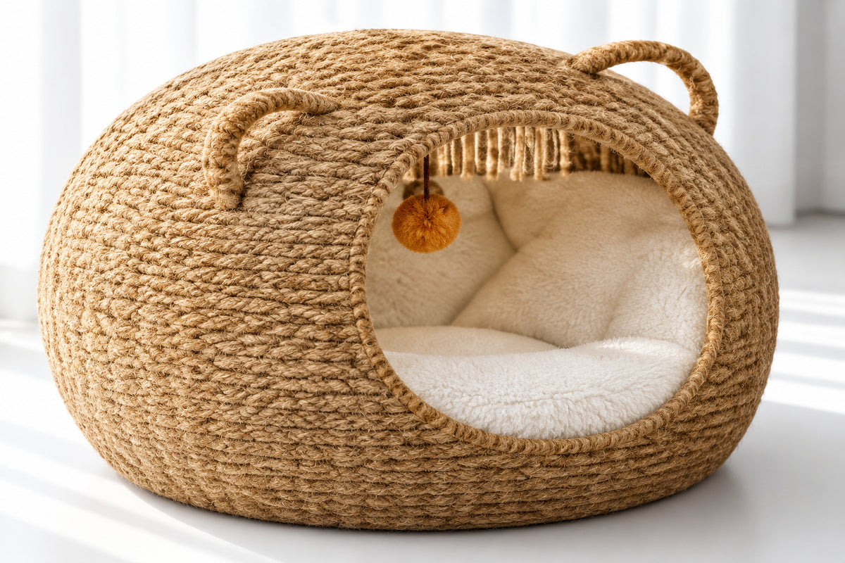 Woven Rattan Cave Pet Bed with Animal Ears