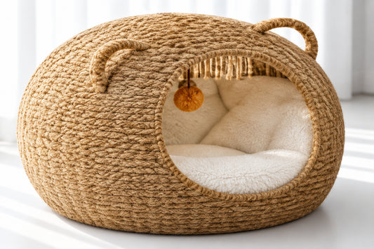Woven Rattan Cave Pet Bed with Animal Ears