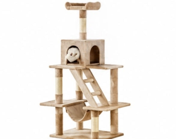 Classic Beige Multi-Level Cat Tree Tower with Hammock & Condo